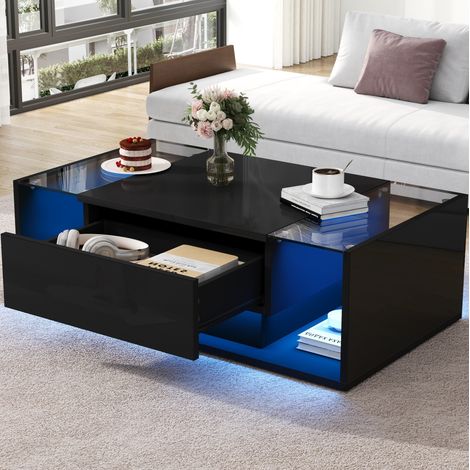 tavolo soggiorno 100x50x31 con cassetto LED vetro nero OKMYHOME (1/5)