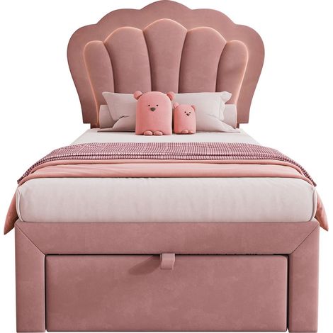 Cama juvenil 90x190 cm de terciopelo rosa con LED RGB, cabecero regulable en altura 20 cm, cajón de almacenaje y estructura de madera, para dormitorio - CHICFURN (1/5)
