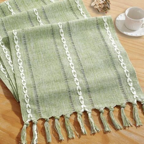 Pair Chemin de table en lin vert, 33 x 200 cm, avec pompons, convenant à la salle à manger, la cuisine, le coin lecture et la décoration