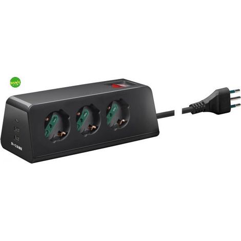 VIMAR 00608.CC Presa multipla da scrivania con interruttore automatico di protezione e cavo 2m, 3 uscite SICURY universali standard italiano, 2 uscite USB A e 1 USB C, spina 10A, nero (1/5)
