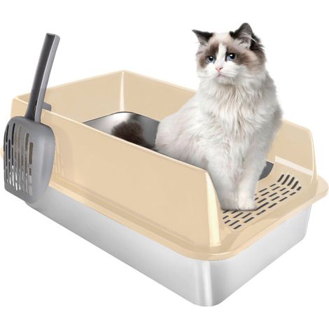 ® Maison de toilette pliable pour chat, Bac à litière pour chat, tiroir à litière coulissant, pelle,50x35x24cm,PP+acier inoxydable, Kaki (1/5)
