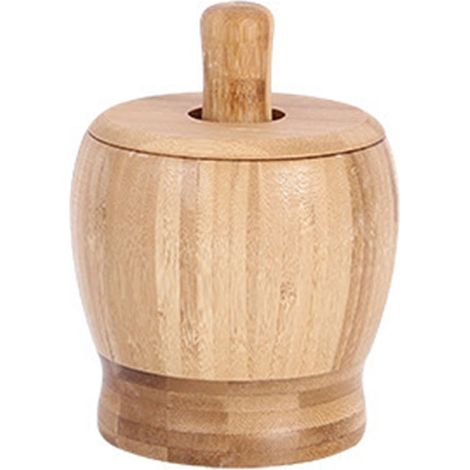 Mortier et pilon à ail en bambou de grande taille, presse-purée avec couvercle, outil de cuisine (1/5)