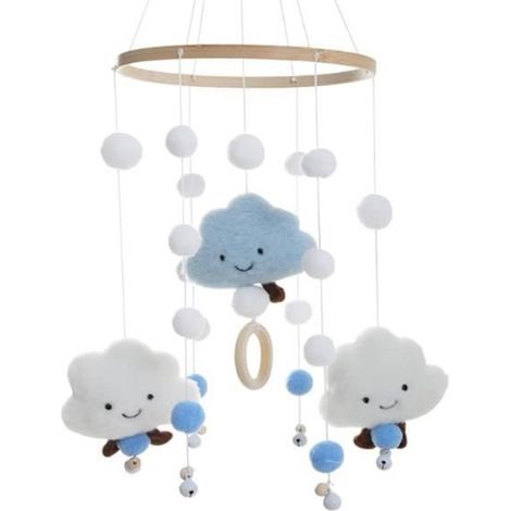 Carillon Mobile À Vent - Nuage Avec Cloches Et Boules En Feutre - Éléments En Bois Naturel - Pour Berceau Bébé Garçon Fille - 1 Pièce