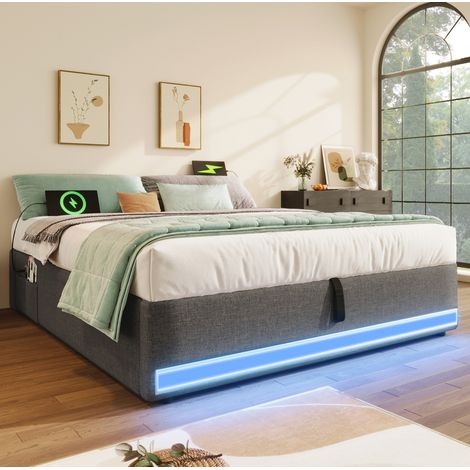 Bett 140x200 Polsterbett Stauraum LED Grau OKMYHOME (1/5)