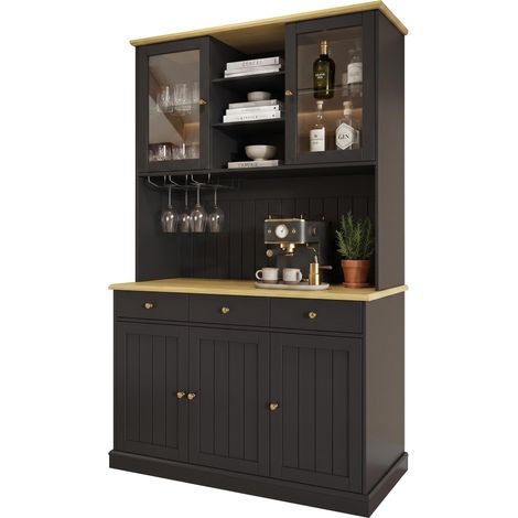 FurnitureR Black Kitchen Hutch Cabinet, 120 × 40 × 191 cm Freestanding Pantry with Stemware Holder, Adjustable Storage, Dual Sockets and USB Ports (1/5)
