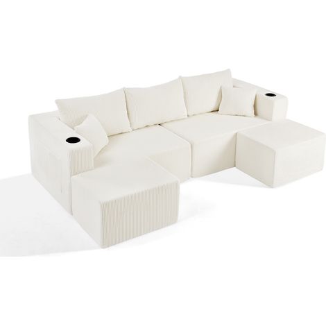Canapé d'angle modulaire 3 places en velours côtelé beige avec ottomanes mobiles et porte-gobelets (1/5)