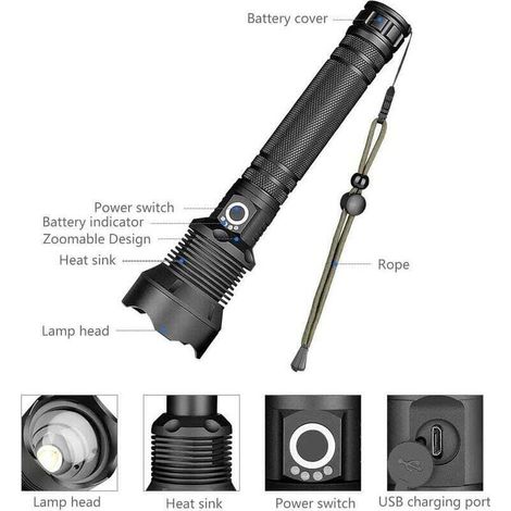 LED-Taschenlampe, 90000 Lumen XHP70 Ultra-leistungsstarke, verstellbare, zoombare, wasserdichte Taschenlampe, USB-wiederaufladbar, enthält 218650 Hochleistungs-Akkus (1/4)