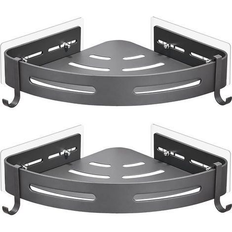 Ecleanfy - Étagère de douche double couche, étagère de rangement d'angle adhésive sans perçage, aluminium gris mat, charge maximale 15 kg (1/5)