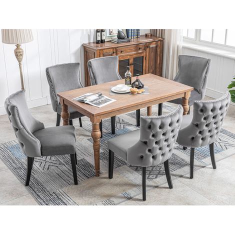 Set di 6 sedie da pranzo in velluto con gambe in legno massello, grigio