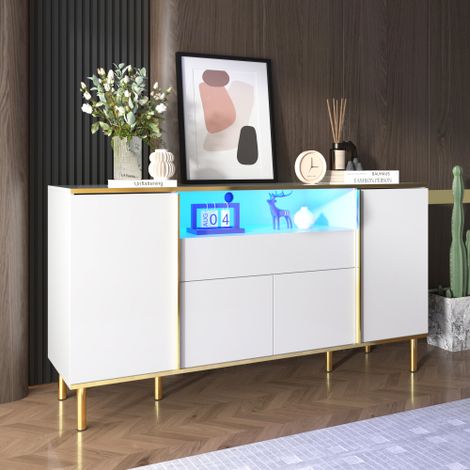 URBAN MEUBLE Buffet moderne luxe blanc avec éclairage LED accents dorés brillant 150x40x80cm (1/5)