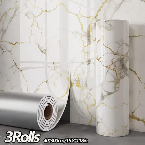 Sticker mural 3D effet marbre, 40 cm x 3 m, décoration d'intérieur, blanc doré