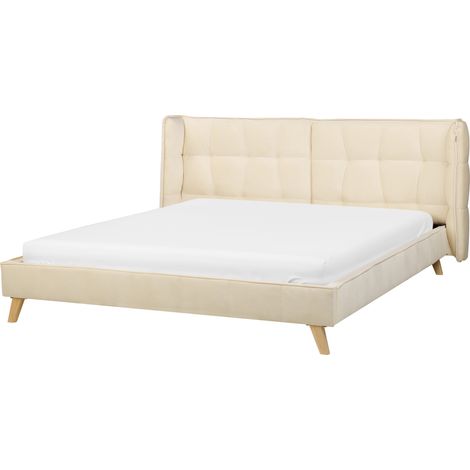 Cama tapizada en terciopelo beige con patas de madera clara 160 x 200 cm somier con listones cabecero con alas ajustables Senlis (1/5)