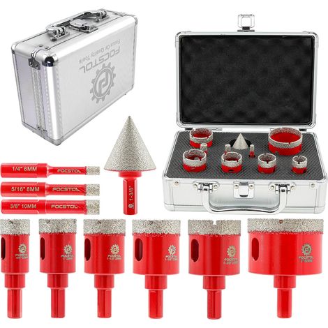 Foret Diamant Carrelage Kit - 10 pièces (6/8/10/20/25/28/32/35/50mm+35mm Mèches Chanfrein Biseautées) Scie Cloche Diamantée avec Tige Triangulaire pour Porcelaine Carrelage Céramique Granit (1/5)