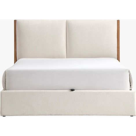 JUNA Lit double en tissu beige et bois avec coffre 140x190 cm (1/5)
