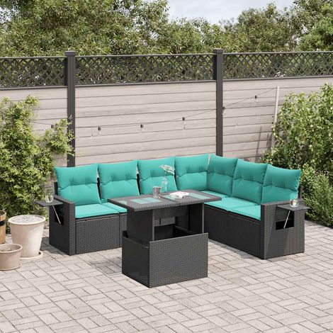 7-teiliges Gartensofa-Set mit Kissen, schwarzes Polyrattan (1/5)