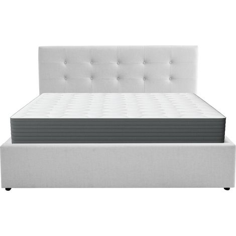 Ensemble Lit coffre adulte 160x200cm avec tête de lit en tissu gris - Tina + Matelas mémoire de forme - Memo HR (1/5)