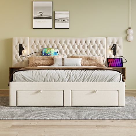 Bettgestell 160x200 cm Beige aus Samt mit 2 Nachttischen, 4 Schubladen und Leselampen (1/5)