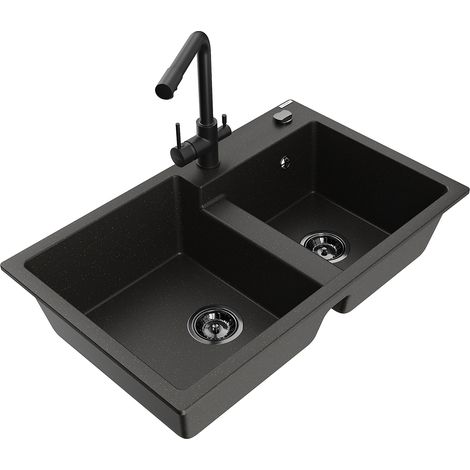 Mexen Tomas lavello in granito a 2 vasche con miscelatore da cucina Duero, nero/oro metallizzato - 6516-75-671600-70-B (1/5)