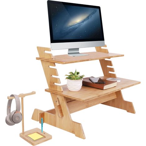 Unho – Bureau debout réglable en bambou – 6 niveaux de hauteur – Support d'écran et rangement pour écouteurs – Dimensions 66x46x48cm (1/5)