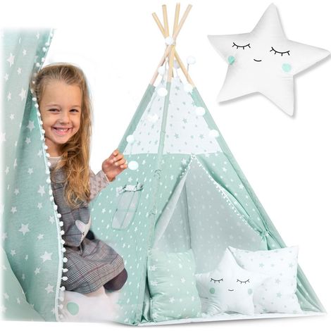 Kinder tipi zelt mit lichterketten - mint mit sternenmuster
