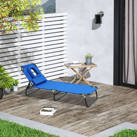 Chaise longue pliante Bleu 120 kg dossier réglable 4 positions cadre métal oreiller oxford camping/terrasse/plage charge 190x56x28 cm