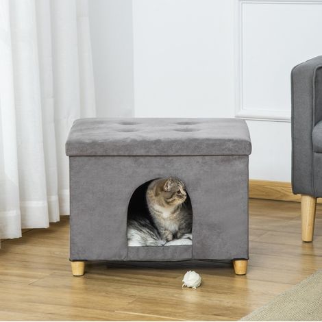 Pouf pour chat 60x45x44,5 cm en MDF gris, 2-en-1, accès facile pour chat FloraGrace (1/5)