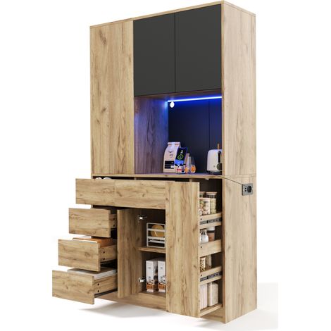 Buffet de cuisine haut noir et bois clair avec LED multicolore, prises USB/Type-C, étagères réglables et rangement généreux pour maison moderne – CHICFURN (1/5)