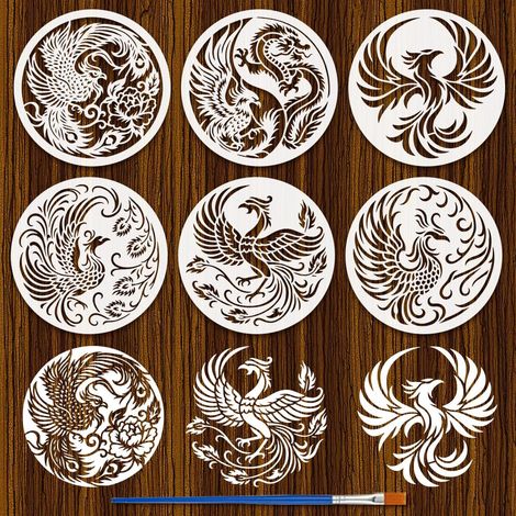 6Pcs Pochoirs Phénix Avec Pinceau 20x20cm Ronde Modèle de Dragon Chinois Phénix Pochoir Modèle D'Oiseau de Feu Template Thème Des Animaux pour Dessin DIY Meuble Mur Sol Décoration Tissu (1/5)