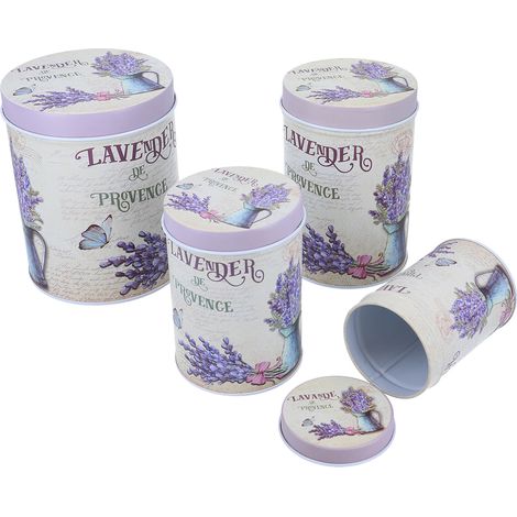 Set di 4 barattoli di metallo color lavanda, contenitori per tè, caffè e spezie. (1/2)