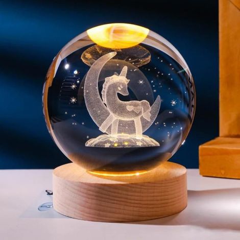 Veilleuses boule de cristal d'astronome planétaire plonger voyante de lune 3D, décor de chambre à coucher-licorne (1/2)