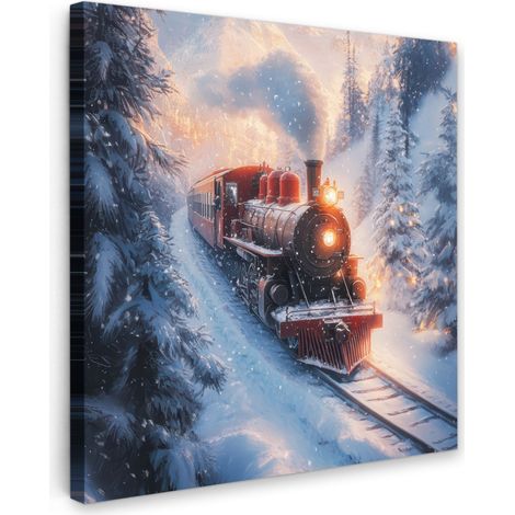 TABLEAU SUR TOILE Train de Noël - Neige - Hiver - Noël Tableau Chambre Adulte 90x90 cm