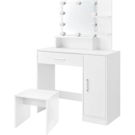 ML-Design Tavolino Cosmetico da Trucco Bianco con Sgabello e Luci LED 90 x 38 x 137 cm con Specchio Cassetto 3 Ripiani Armadietto in Legno MDF Toeletta con Illuminazione e Sedia Make-up