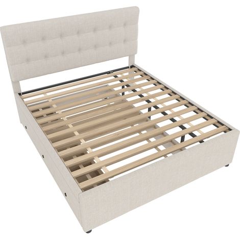 Letto imbottito 140 x 200 cm con letto estraibile, 3 cassetti, testiera regolabile, beige (1/5)