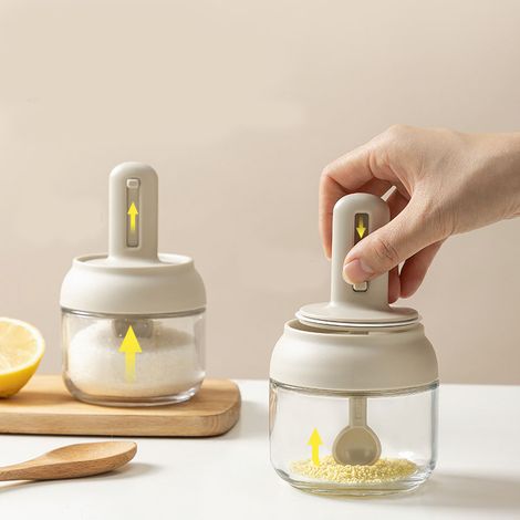 Pot à épices avec cuillère rétractable, boîte de rangement transparente en verre pour épices et condiments, idéale pour la cuisine. (1/5)