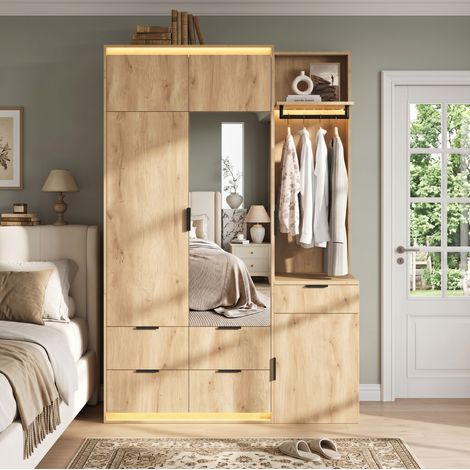 Armoire d'entrée 135x47x200 cm en MDF anthracite et décor chêne, miroir LED, gain de place – MEUBLIV (1/5)