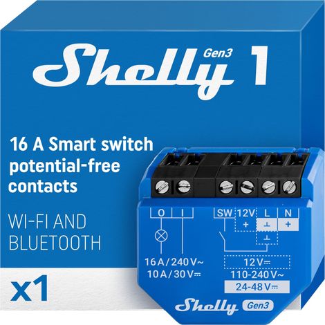 Shelly 1 Gen3 - Interruptor Relé Inteligente Con Contactos Secos, Wi-Fi Y Bluetooth, Control Remoto De Luz Por App, Compatible Con Alexa Y Google Home, No Requiere Hub, Chip Shelly De 8MB