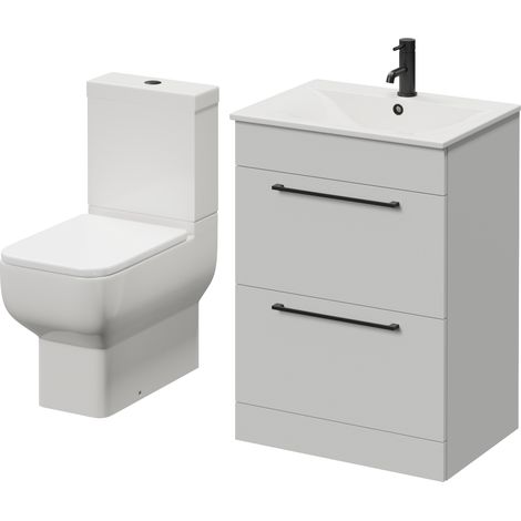 Napoli 460 Gloss Grey Pearl 600mm 2 Drawer Vanity Unit and Tacoma Comfort Height Toilet Suite with Angel Basin - 600mm - Matt Black 320mm Handle