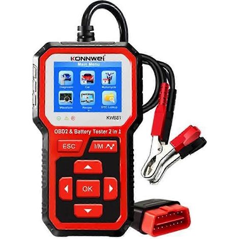Testeur de batterie de voiture 2 en 1 et scanner OBD2, analyseur de batterie plomb-acide 6-12 V, outil de diagnostic des pannes du véhicule avec prise en charge de 9 langues, plastique ABS rouge (1/5)