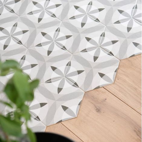 Aelle - Carrelage sol / mur hexagonal motif fleur gris 17,5x20 cm HEXATILE NATURE B&W - Vendu par boîte de 0.71 m² (1/5)