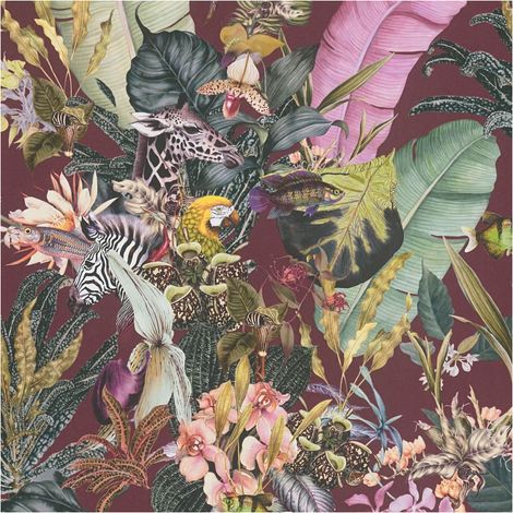Animal pattern wallpaper wall Profhome 381765 smooth non-woven non-textured wallpaper with jungle elements matt red pink green yellow 5.33 m2 (1/5)