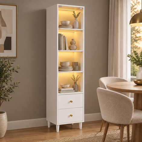 Vitrine mit Glastüren und 2 Schubladen, integrierter LED, weiß 165 x 40 x 35 cm HAVRYA (1/5)
