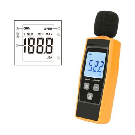 Tragbares Schallpegelmessgerät (SPL), digitales Geräuschmessgerät, Messbereich 30–130 dB(A), Lautstärkemessgerät, Schalltester (Batterie enthalten), Gelb (1/5)