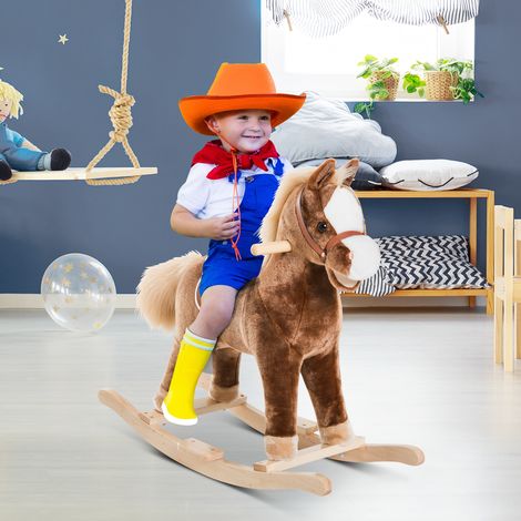 Cheval à bascule en bois pour enfants - 74x33x62 cm - jouet en peluche pour enfants - marron