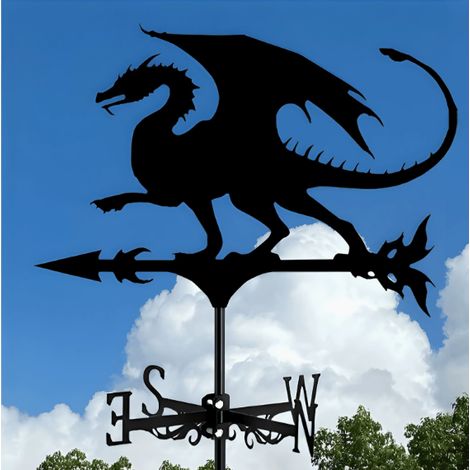 Girouette en métal avec silhouette de dragon mythologique - Girouette décorative pour jardin, toit et extérieur, noire, adaptée à toutes les conditions météorologiques, idéale comme décoration de jard (1/2)