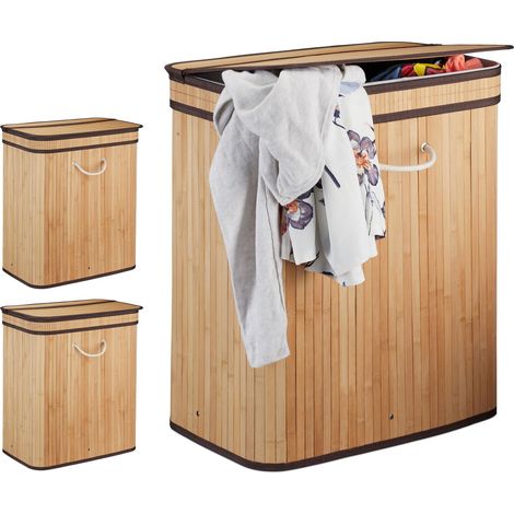 3x Cestos Ropa Sucia Rectangular con 2 Compartimentos, Cubo Colada, Canasta con Tapa, Bambú, 95 L, Natural