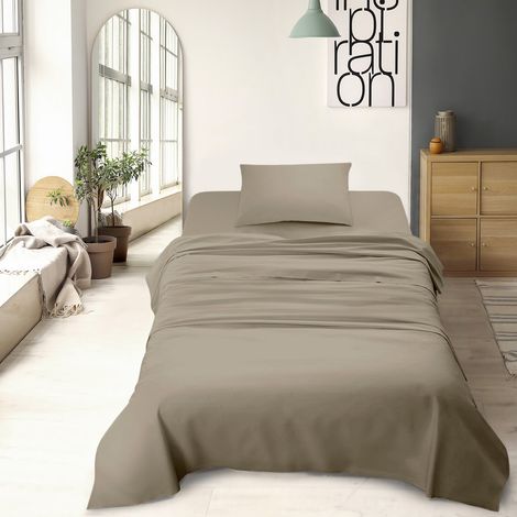 Set Lenzuola 100% Cotone Di Flanella Completo Letto Made In Italy Anti-Pilling Tinta Unita Lenzuolo Sopra Sotto Federe Tortora - Piazza e mezza