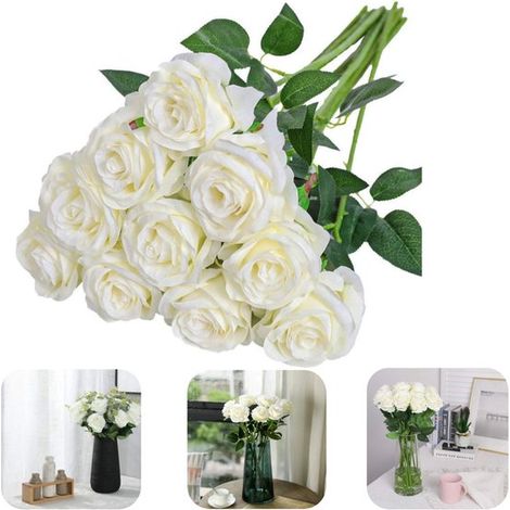 Roses artificielles lot de 10 à longue tige - fleurs décoratives avec feuilles pour bouquets et tables, blanc, 50 cm (1/5)