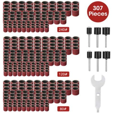 307 Piece Drum Sander Set Sanding Drum Kit - 300 Pieces Sanding Belt Sleeves (80/120/240) + 6 Pieces Drum Mandrels for Rotary Tool + 1 Combi Wrench (1/5)