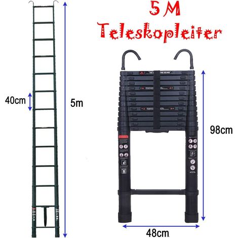 5m,EN131-Zertifikat ,16,5 FT Teleskop-Klappleitern aus Aluminium Mehrzweck-Trittleiter Teleskop-Auszugsleiter Tragbare Aluminiumleiter Max. Belastung 150 kg/330 lb mit abnehmbarem Haken (1/5)