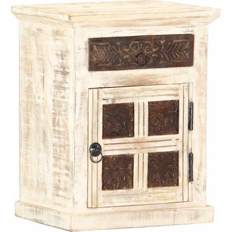 Table de chevet-Table de nuit Blanc 40 x 30 x 50 cm Bois de manguier massif 261060 (1/5)